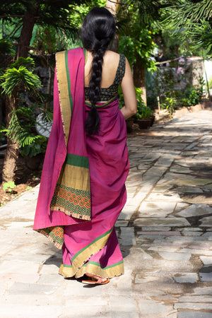 Magenta Mangalagiri cotton patchwork saree