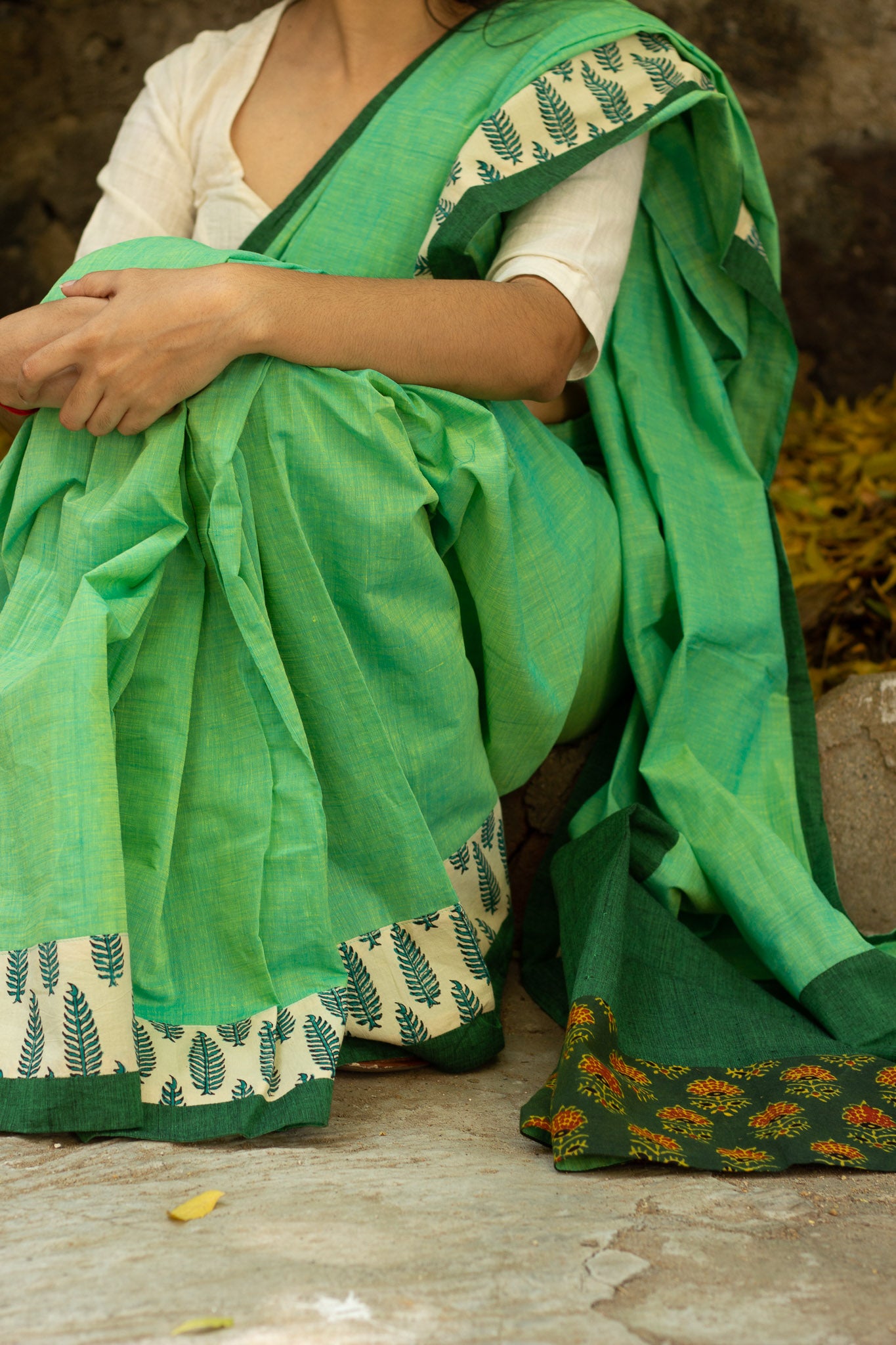 Emerald green mangalgiri cotton  patchwork saree