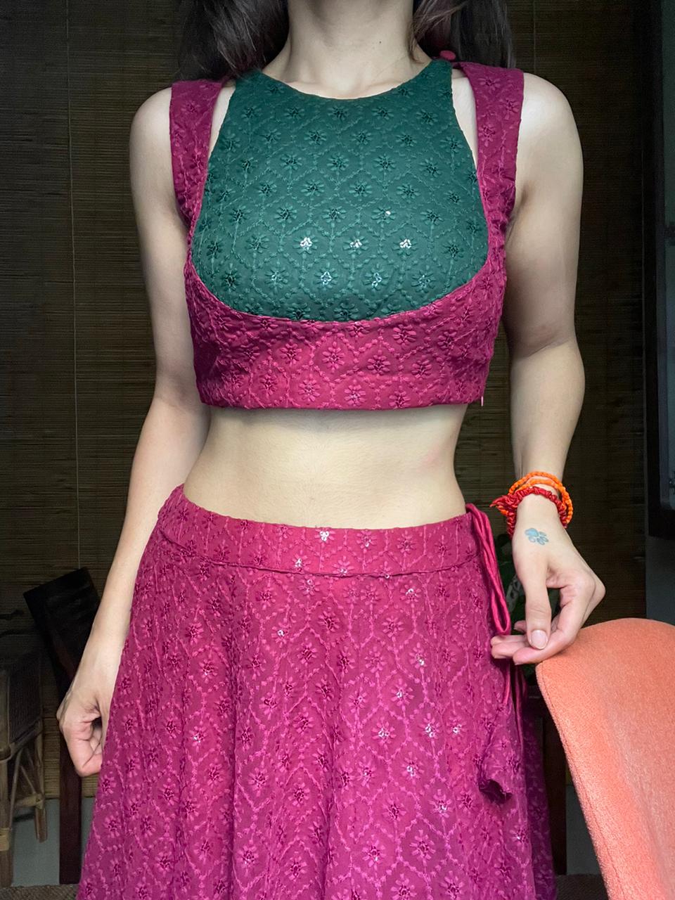 Plum Embroidery Crop top and Skirt